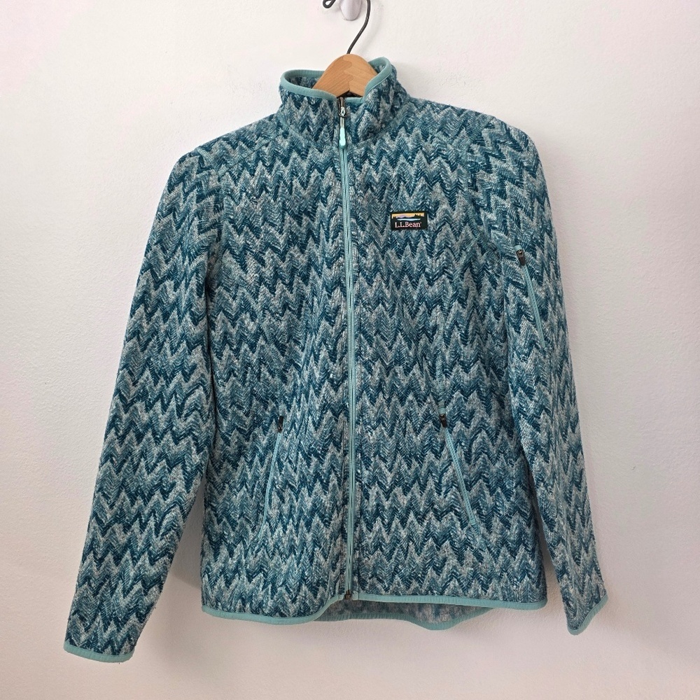 LL Bean Women's Sweater Fleece Full-Zip Teal Print Jacket - Small